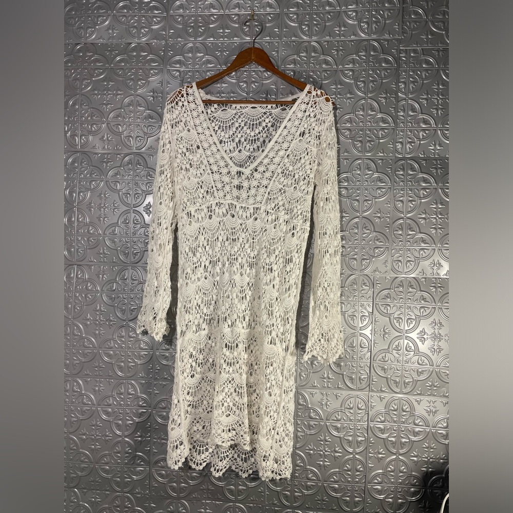 Vintage Boho White Lace Patterned Knit midi Dress Resortwear 1990s hippy boho